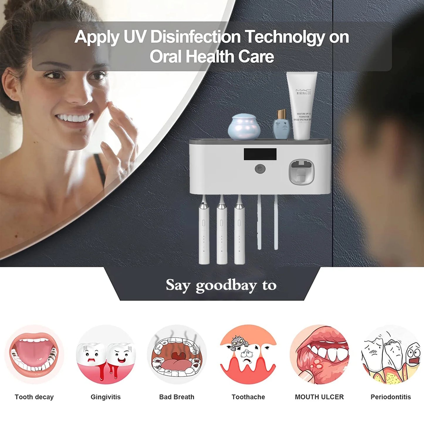 Wall Mounted Toothbrush Holder with Toothpaste Dispenser, Electric Toothbrush Holder for Bathroom, Solar Charging and No Drilling Required Smart Clean Toothbrush Organizer with 5 Brush Slots