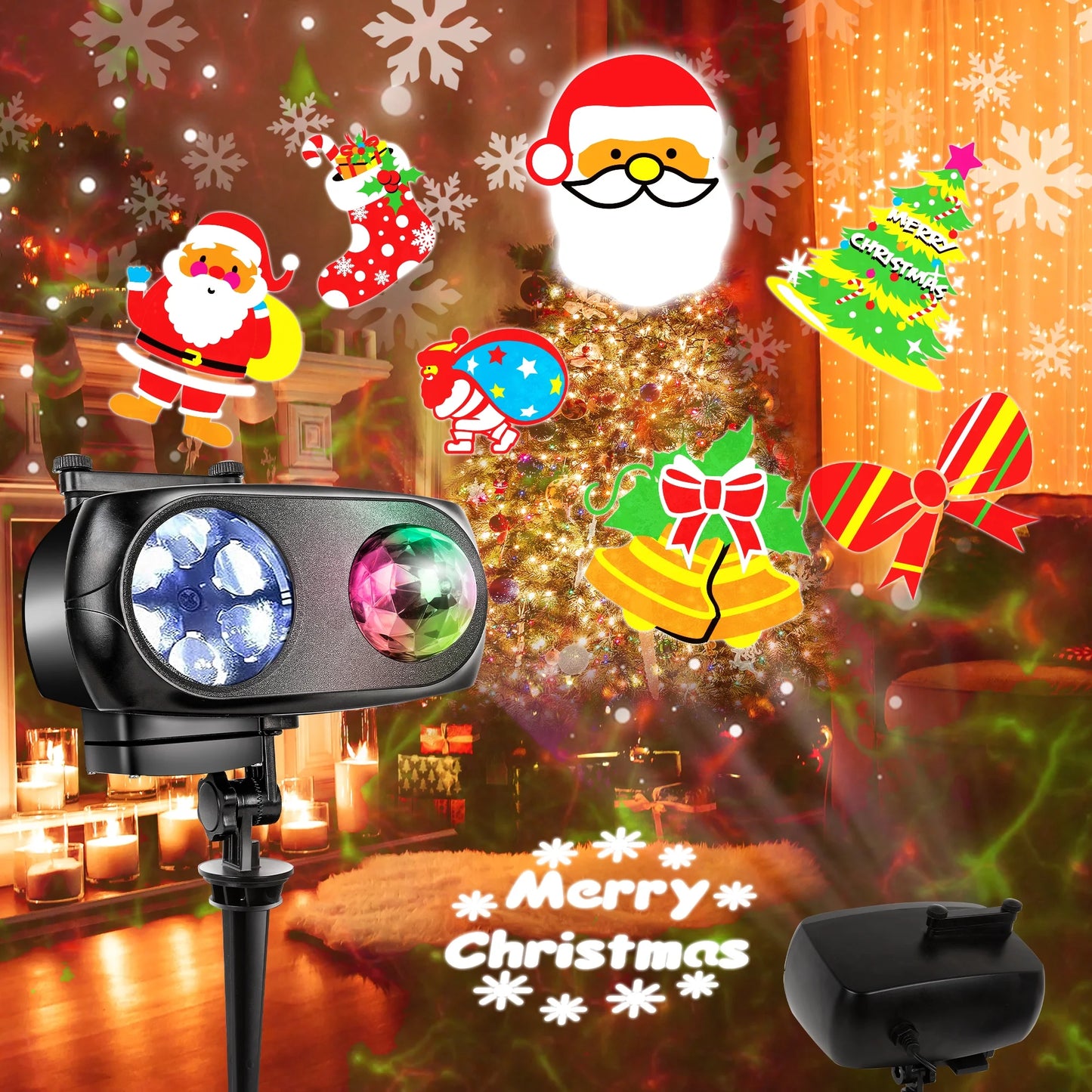 Halloween Christmas Projector Lights, 2-In-1 Outdoor Holiday Light Projector with 12Pcs Season Slides 4 Water Wave LED Snowflakes for Xmas Birthday Party Garden Landscape Decorations