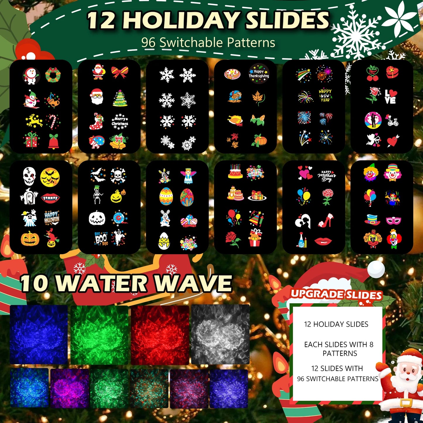 Halloween Christmas Projector Lights, 2-In-1 Outdoor Holiday Light Projector with 12Pcs Season Slides 4 Water Wave LED Snowflakes for Xmas Birthday Party Garden Landscape Decorations